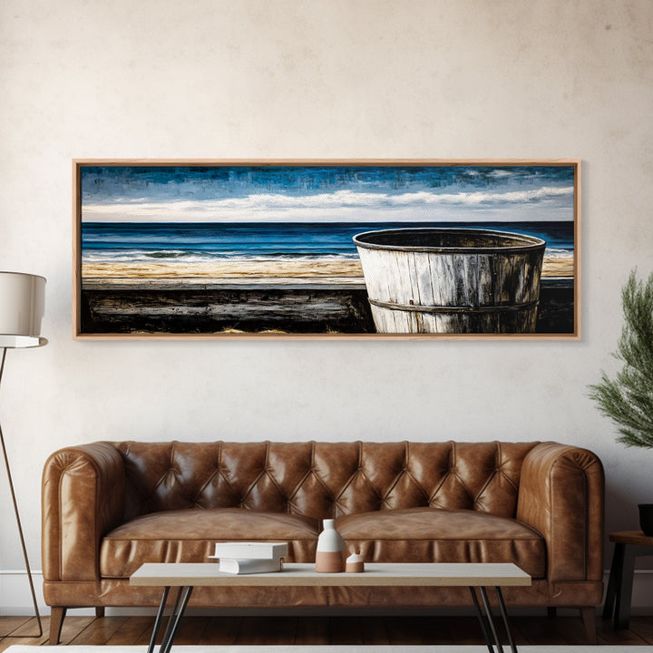 Beach Barrel, Nautical Wall Art, Coastal Home Decor, Canvas Print, Ocean Blue Wall Art, Rustic Seaside, Living Room Decor, Beach House Art