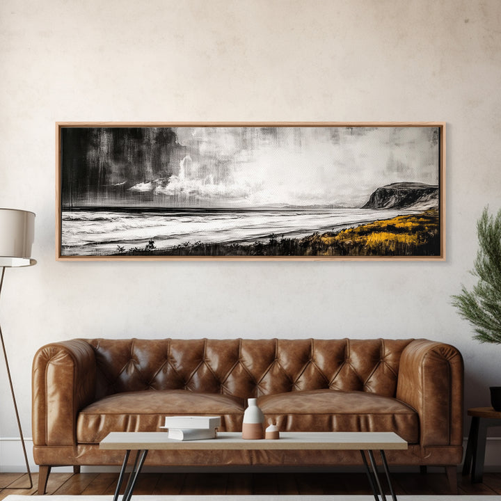 Rainy Coast, Moody Seascape, Black and White Art, Framed Canvas Print, Minimalist Wall Art, Beach House Decor, Ocean Landscape, Large Art