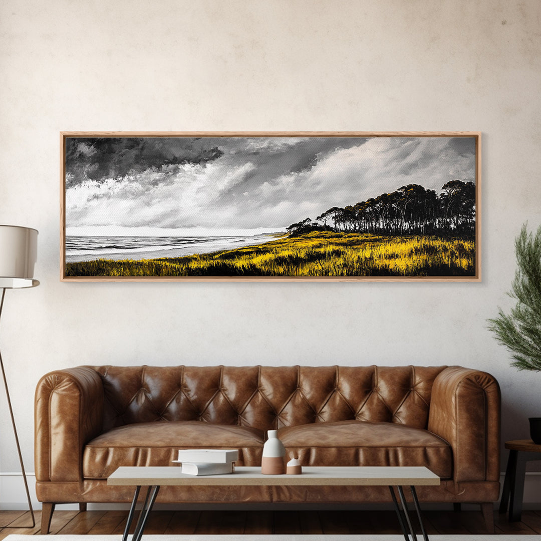 Coastal Serenity, Yellow Field, Stormy Sky, Canvas Print, Ocean Landscape, Beach House Art, Modern Nature Painting, Living Room Wall Decor