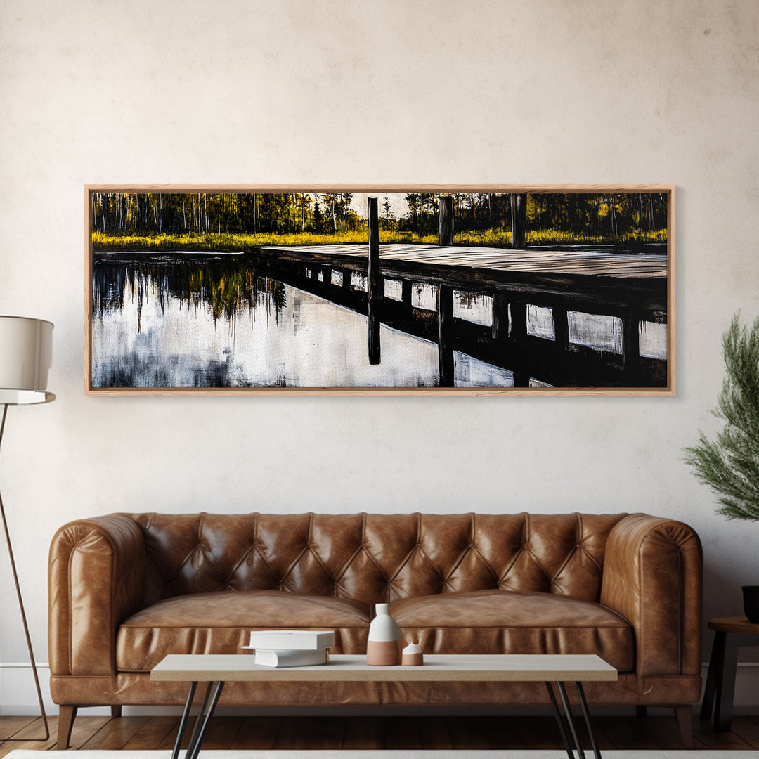 Lakeside Dock, Reflection Art, Serene Water, Framed Canvas Print, Tranquil Nature Scene, Rustic Cabin Decor, Woodland Wall Art, Large Art