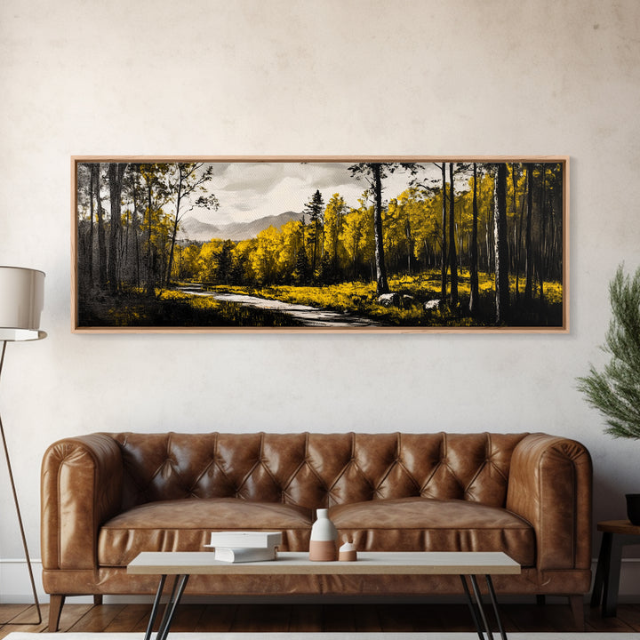 Forest Path, Golden Trees, Autumn Landscape, Canvas Print, Rustic Nature Art, Cozy Cabin Decor, Fall Wall Art, Living Room Wall Decor