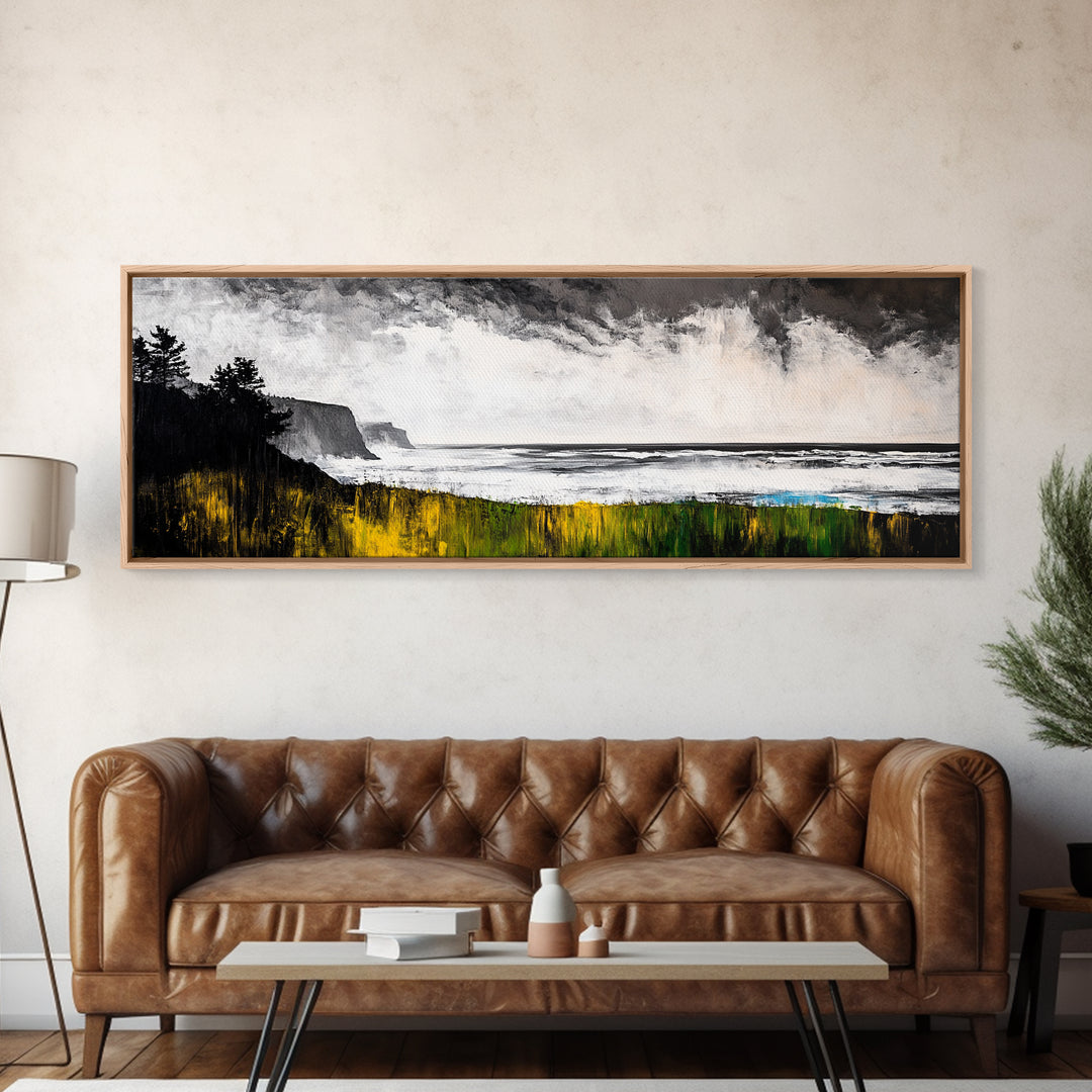 Cliffside View, Misty Ocean, Yellow Grass, Canvas Print, Coastal Landscape, Fall Wall Art, Nature Painting, Living Room Home Decor