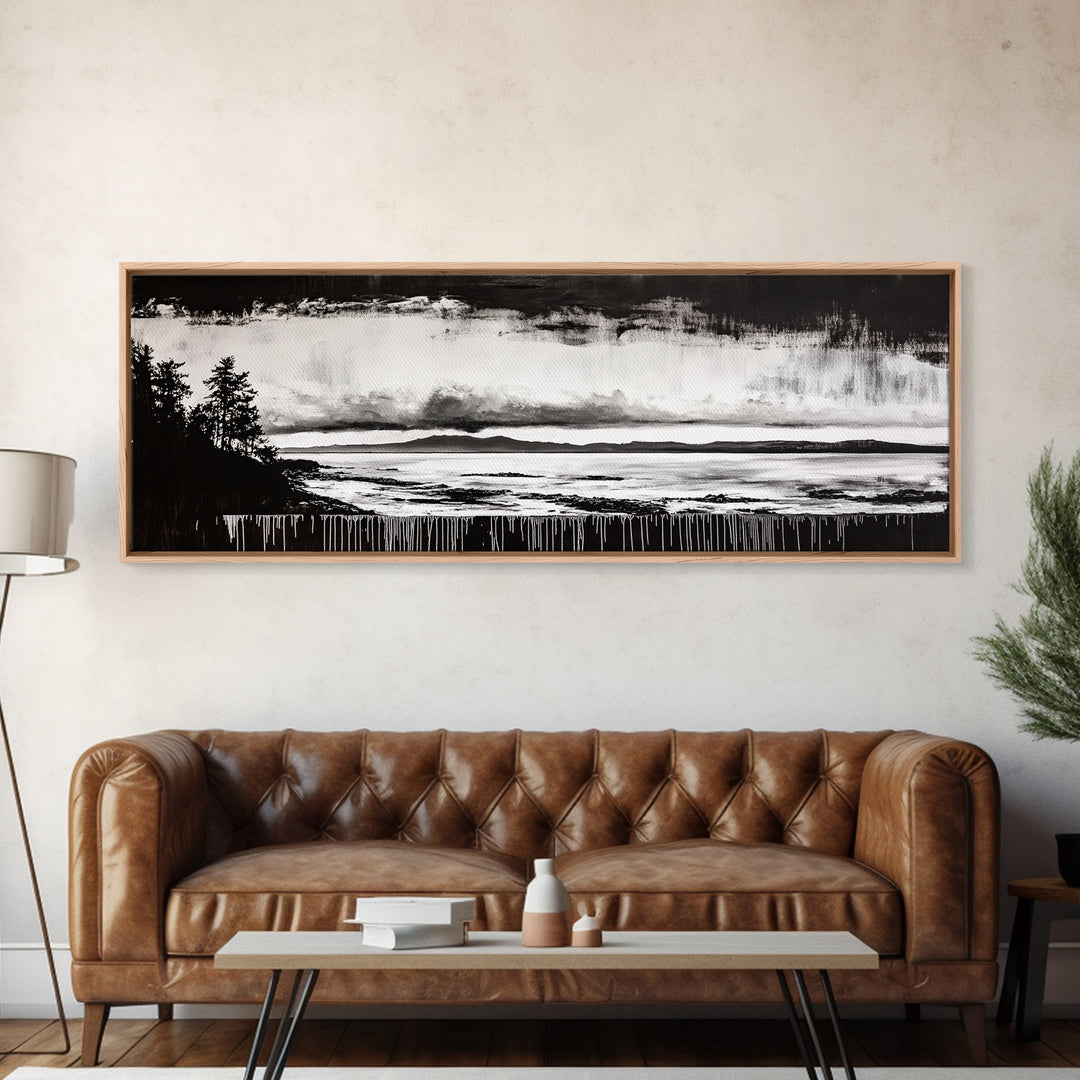 Black White Seascape, Ocean Storm, Dramatic Sky, Framed Canvas Print, Minimalist Art, Coastal Wall Decor, Office Accent, Nautical Home Art