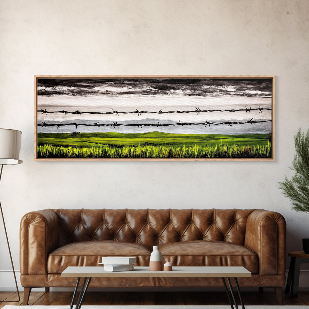 Barbed Wire Art, Rural Landscape Print, Farmhouse Wall Decor, Countryside Canvas Print, Rustic Living Room Art, Framed Canvas Print