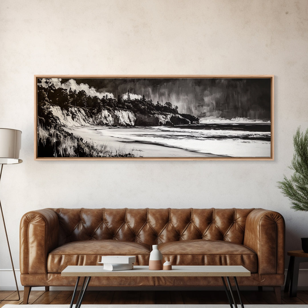 Bold Coastal Cliff, Monochrome Seascape Painting, Dramatic Nature Wall Art, Minimalist Ocean Print, Modern Home Decor, Framed Canvas Print