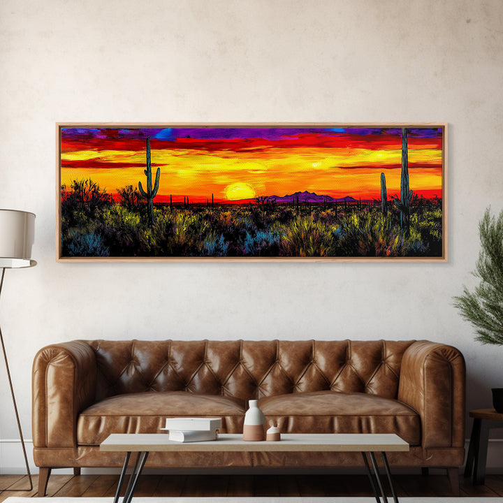 Desert Sunset Art, Vibrant Cactus Painting, Warm Boho Landscape, Southwestern Wall Decor, Bold Nature Print, Framed Canvas Print