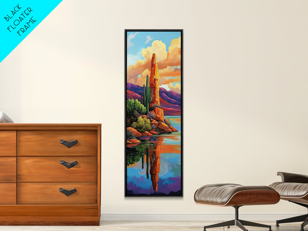 Desert Cactus, Reflection Art, Framed Canvas Print, bold southwest landscape, cacti and red rock lake scene, rustic style living room wall art