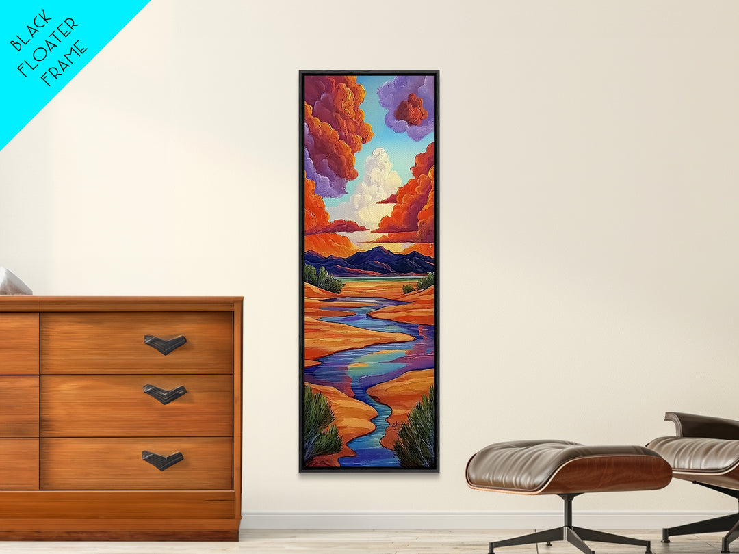 Desert River, Sky Painting, Framed Canvas Print, warm southwestern stream view landscape, bold clouds, boho decor, office wall art