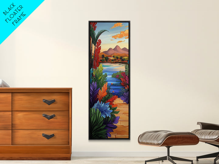 Path Garden, Village Painting, Framed Canvas Print, whimsical tropical pathway, village view, bold colorful foliage, hallway wall art, boho style