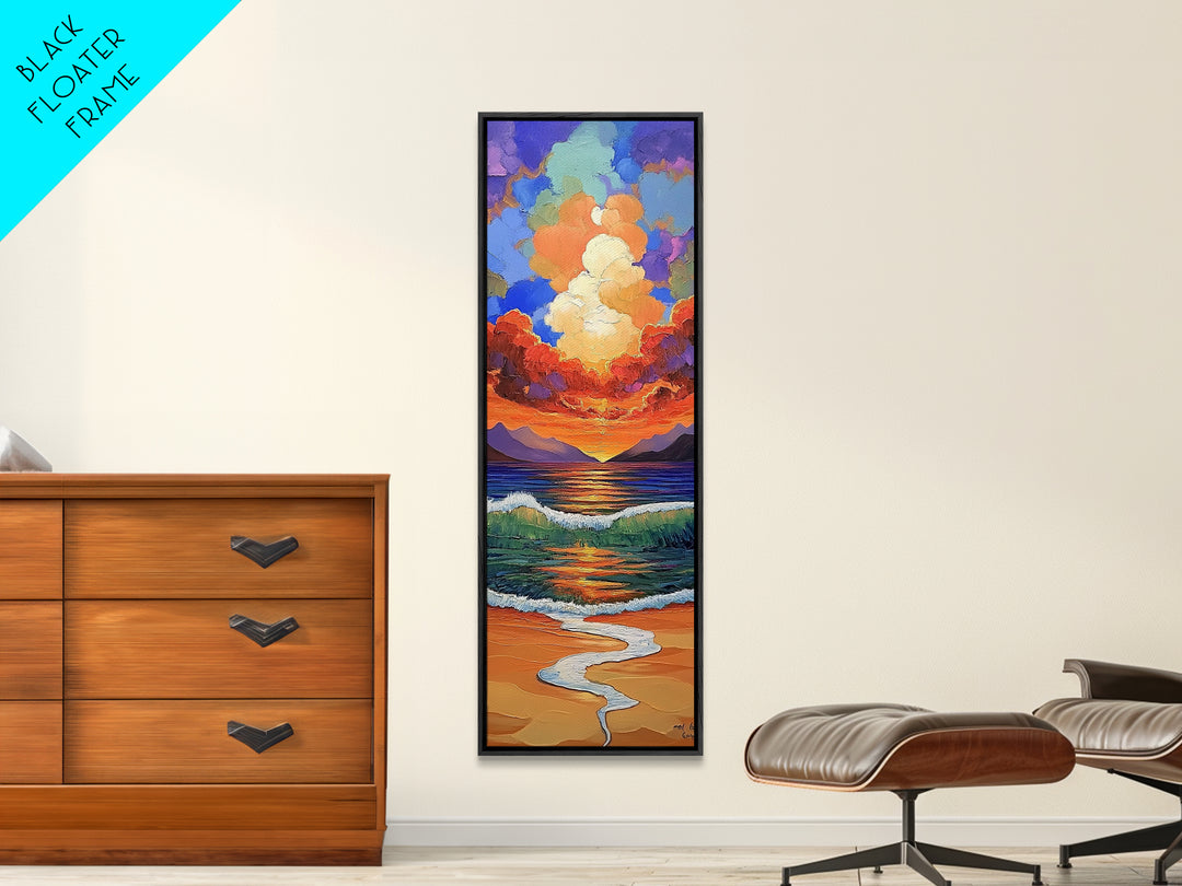 Ocean Sunset, Waves Painting, Framed Canvas Print, dramatic beach sunset, crashing waves, bold seascape, boho home decor, bathroom wall art