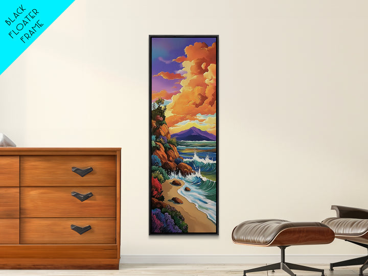 Beach Cliffs, Sunset Painting, Framed Canvas Print coastal cliffside view with crashing waves vibrant beach wall art tropical living room décor