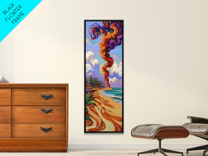 Coastal Smoke Vibes Art, Framed Canvas Print vibrant beach painting with purple and orange smoke, tropical sunset art, boho home decor