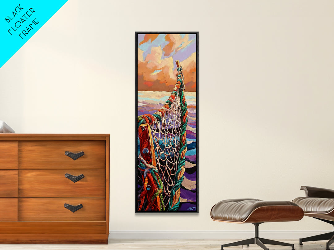Net Ocean, Sunset Nautical – Canvas Print rustic fisherman’s net painting, nautical themed wall art, beach decor, living room statement art