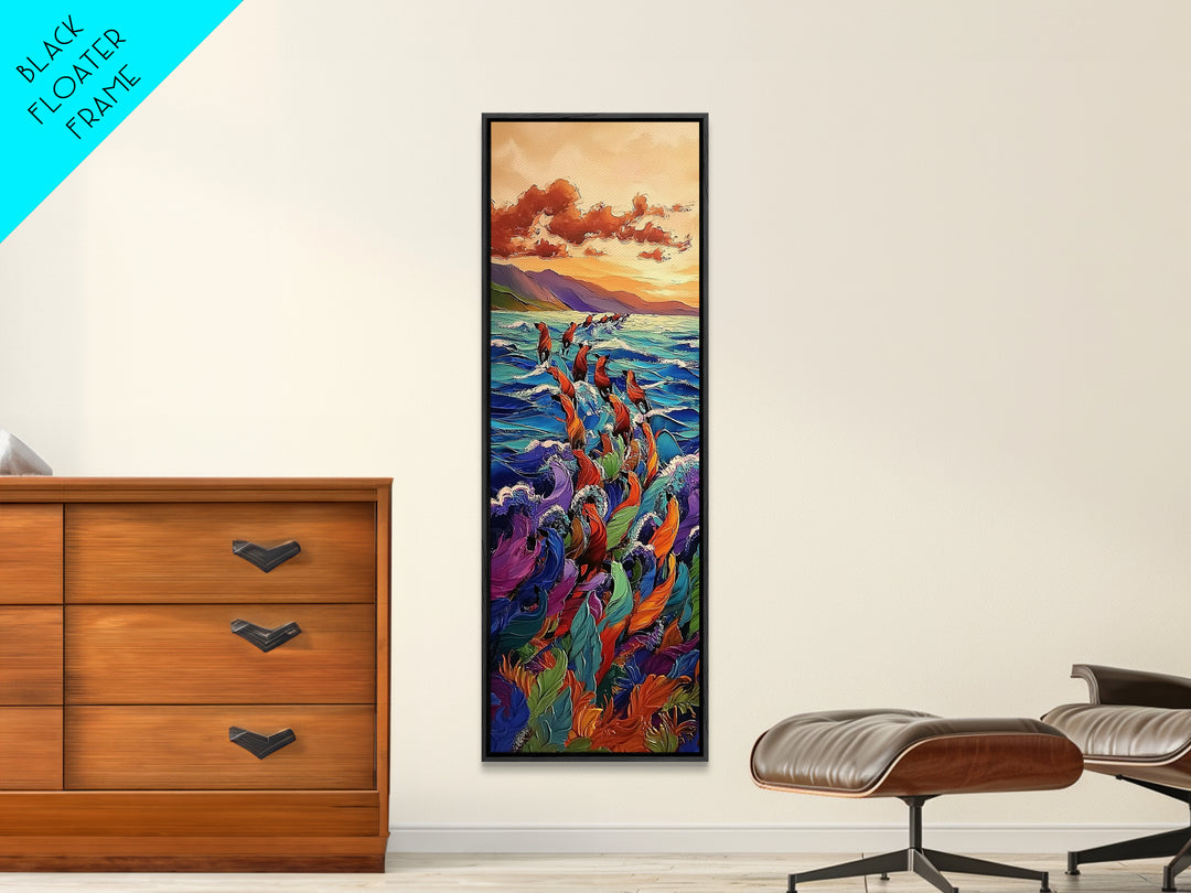 Ocean Horses, Sunset Gallop, Wild Waves, Canvas Print, vibrant equestrian beach art, bold fantasy decor, living room or adventure-themed room