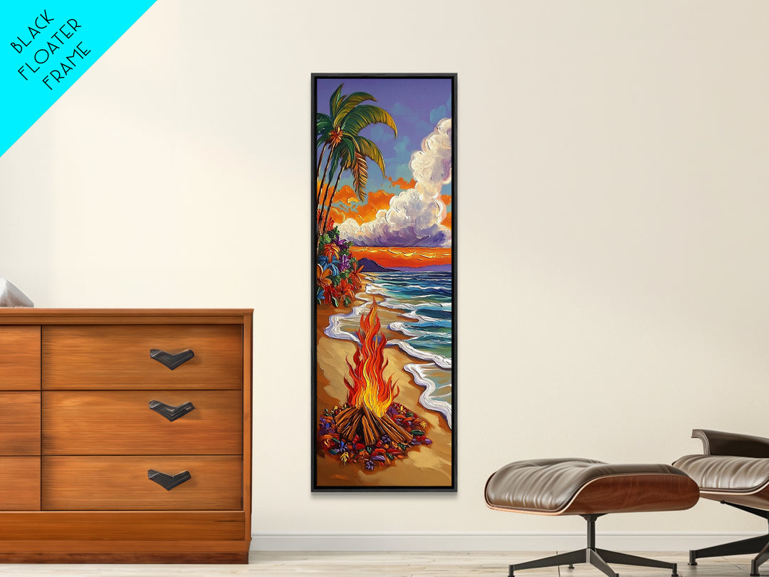 Beach Bonfire, Tropical Sunset, Palm Trees, Framed Canvas Print, coastal beach wall art, summer living room or patio decor, boho ocean vibe