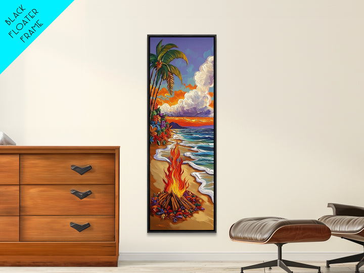 Beach Bonfire, Tropical Sunset, Palm Trees, Framed Canvas Print, coastal beach wall art, summer living room or patio decor, boho ocean vibe