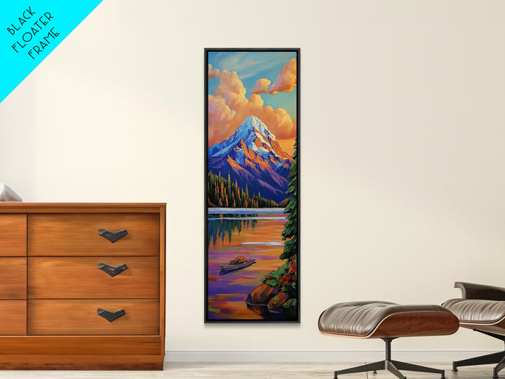 Mountain, Sunrise, Reflection, Nature Scene Framed Canvas Print, Rustic Cabin Decor, Autumn Wall Art, Living Room Mountain Landscape Painting