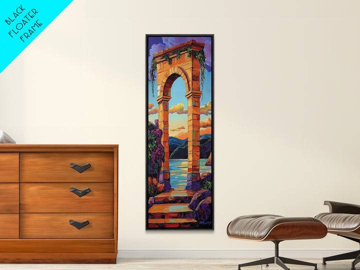 Archway, Sunset, Stone Portal, Dreamscape Framed Canvas Print, Mediterranean Wall Art, Spiritual Decor, Eclectic Entryway Accent, Sunset Painting