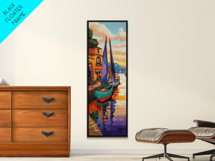 Boats, Harbor, Coastal Village, Mediterranean Scene Framed Canvas Print, Nautical Wall Decor, Vibrant Harbor Painting, Dining Room Accent Art