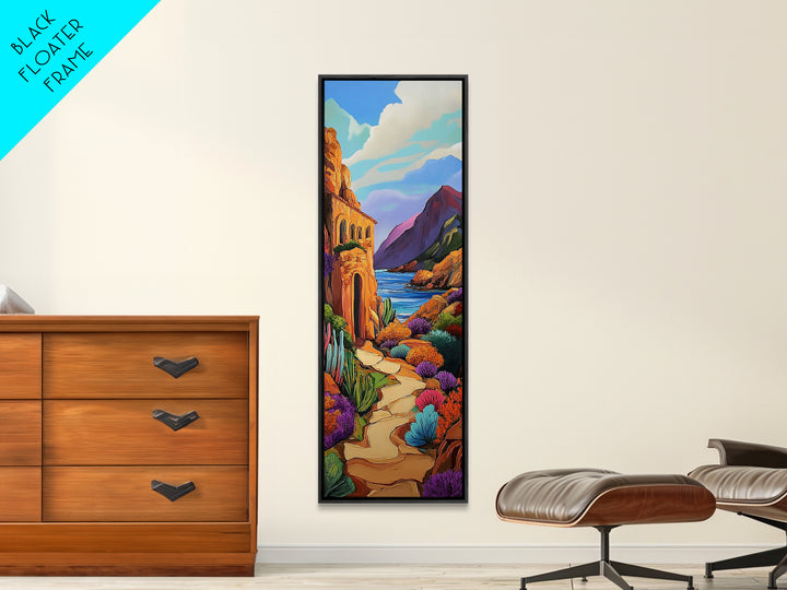 Desert, Path, Cactus, Vibes - Framed Canvas Print, Southwest Landscape Wall Art, Living Room Colorful Boho Art, Mediterranean Path Painting