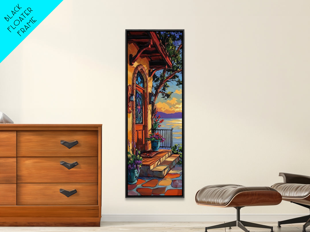 Doorway, Ocean, Mediterranean, Flowers, Framed Canvas Print, Mediterranean doorway wall art, ocean view canvas print, flower entryway painting