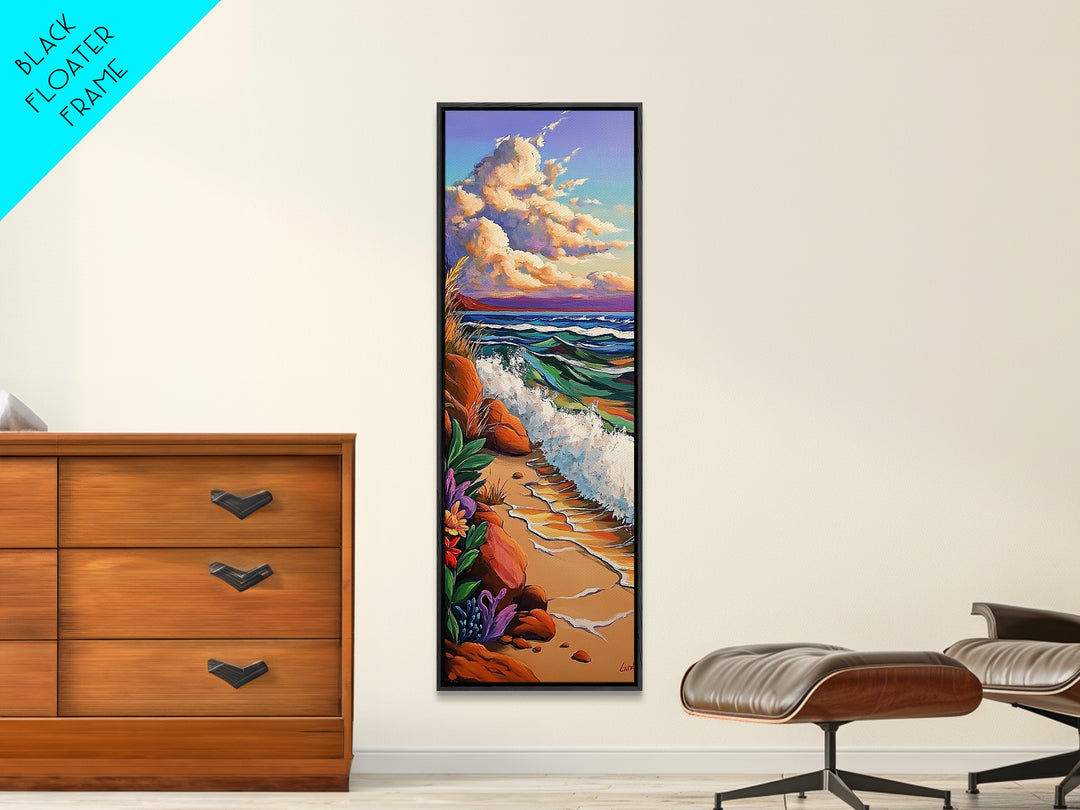 Coastal Flowers, Waves Sunset, Framed Canvas Print, Beach Art, Seaside Wall Decor, Tropical Artwork, Living Room Coastal Decor, Ocean Art