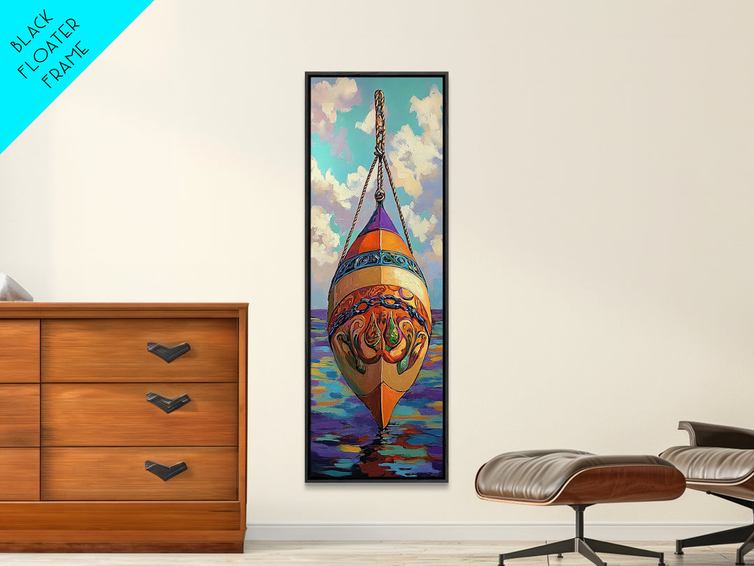 Buoy, Ocean, Nautical, Decorative, Framed Canvas Print whimsical nautical buoy painting coastal boho wall art beach house bathroom decor