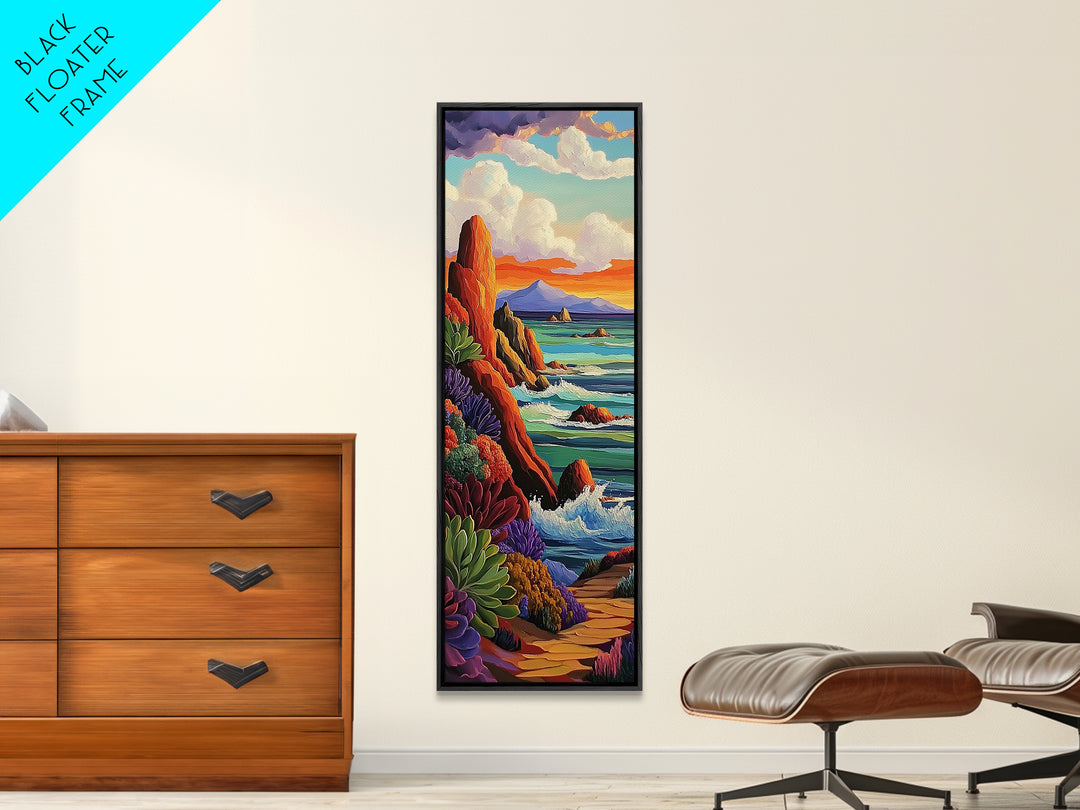 Coastal, Sunset, Seascape, Vibes, Framed Canvas Print of ocean cliffs and crashing waves, modern coastal wall art, beach house decor