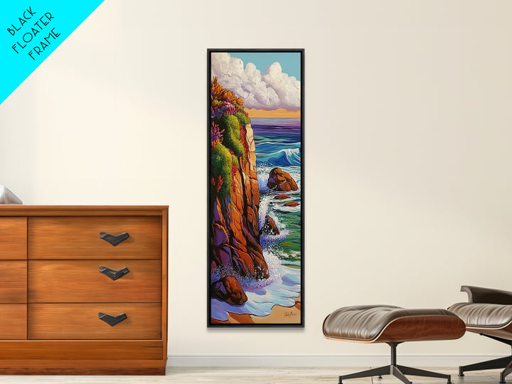 Cliff, Ocean, Waves, Nature, Framed Canvas Print of dramatic coastal waves, serene beach art, bathroom wall decor, ocean lover gift