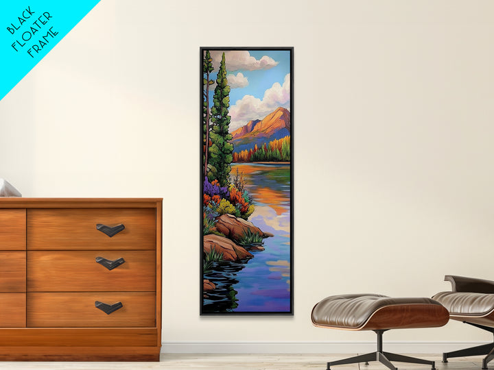 Autumn, Pines, Lake, Serenity, Framed Canvas Print with fall forest reflection, rustic cabin decor, cozy living room art, woodland scene