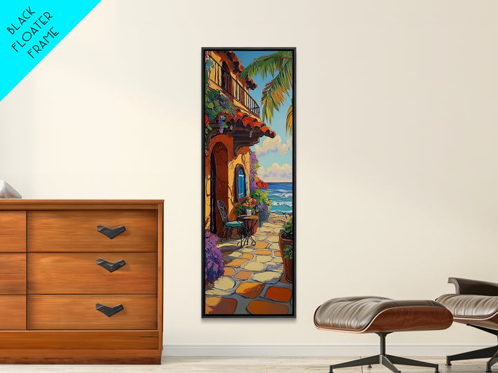 Patio, Ocean, Palm Trees, Tropical Coastal Balcony Framed Canvas Print, Boho Beach House Art, Outdoor Dining Wall Decor, Summer Vibes