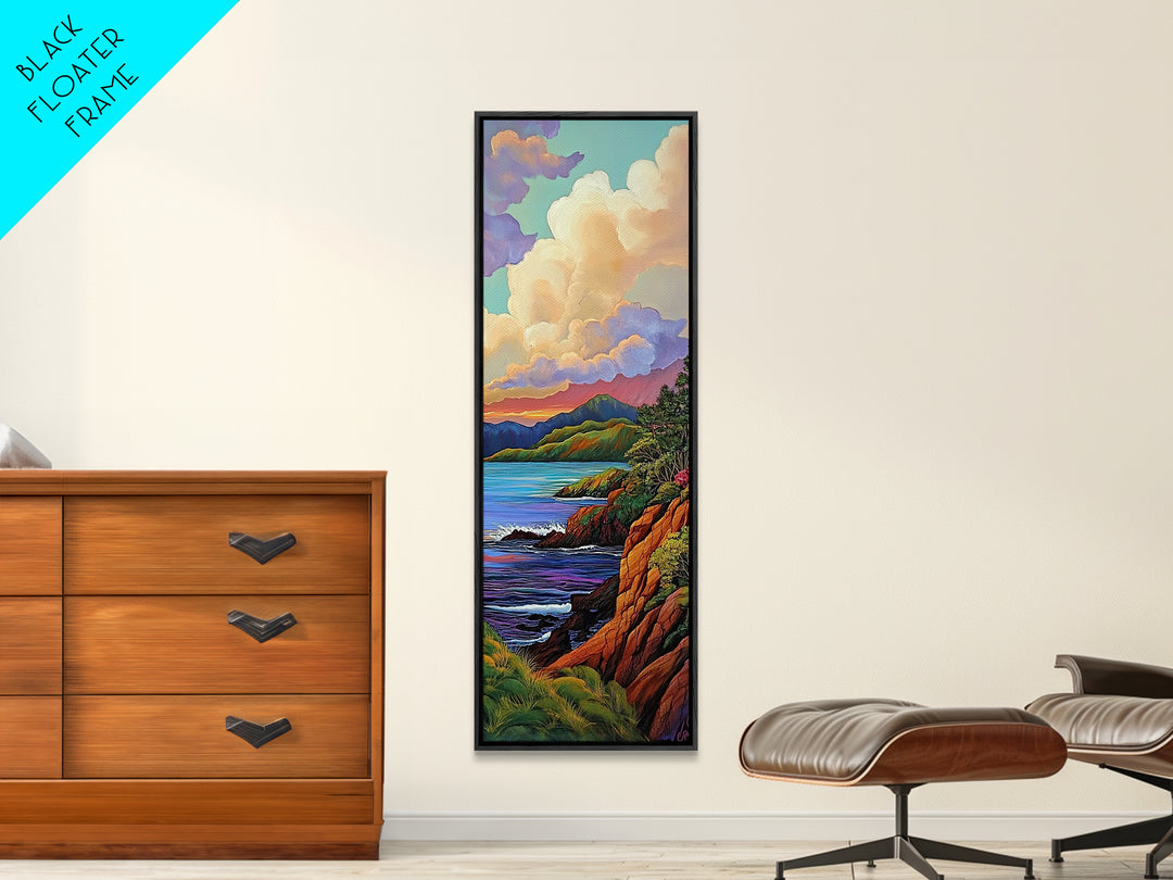 Coastal, Sunset, Cliffs, Horizon, Framed Canvas Print, Bold ocean view in painterly style, perfect Living Room Wall Art or Nature Inspired Decor