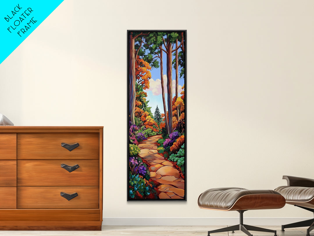 Autumn, Pathway, Forest, Trees, Framed Canvas Print, Fall foliage art in impressionist style, perfect Entryway Wall Art or Seasonal Home Decor