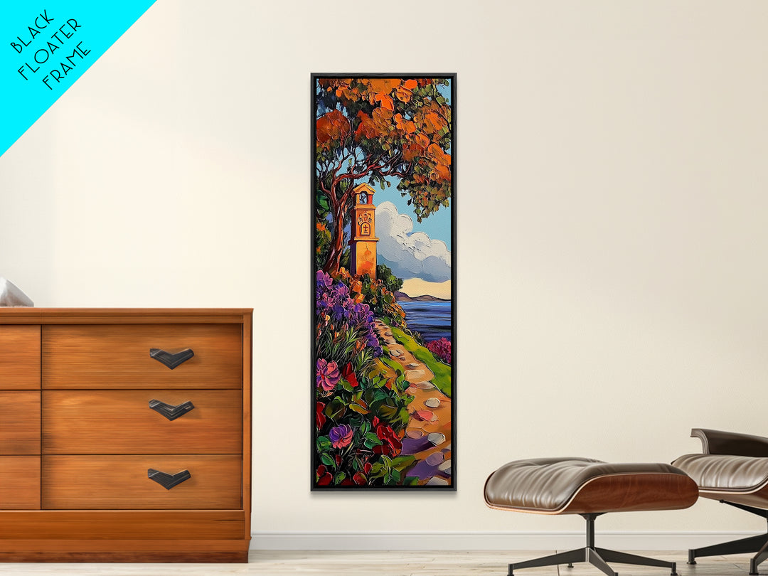 Coastal Bell Tower, Floral Pathway, Mediterranean Seaside Art, Vibrant Garden Style, Fall Home Accent, Framed Canvas Print
