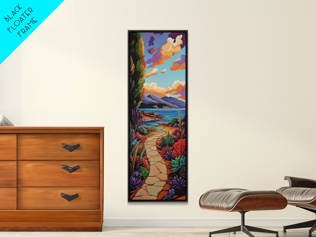 Coastal Trail, Ocean Cliffs, Vibrant Shoreline Art, Tropical Nature Decor, Scenic Summer Landscape, Framed Canvas Print