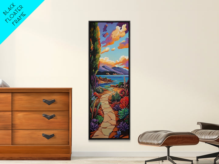 Coastal Trail, Ocean Cliffs, Vibrant Shoreline Art, Tropical Nature Decor, Scenic Summer Landscape, Framed Canvas Print