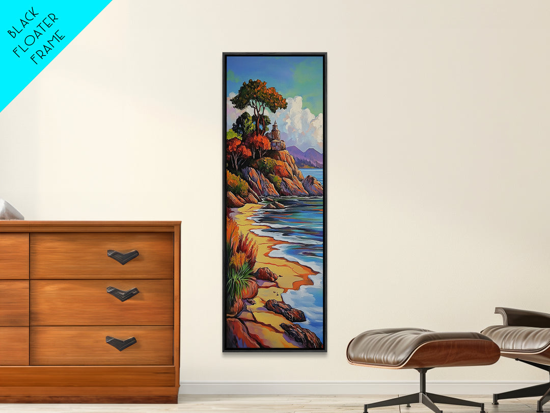 Autumn Lighthouse, Coast, Beach Sunset Landscape Framed Canvas Print, Coastal Wall Decor, Fall Living Room Art, Vibrant Nature Artwork