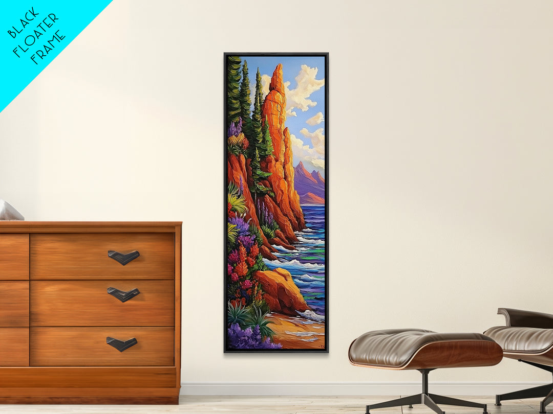 Rocky Shore, Wildflowers, Nature Trail, Framed Canvas Print, autumn coastal wall art, mountain and sea landscape, rustic home decor