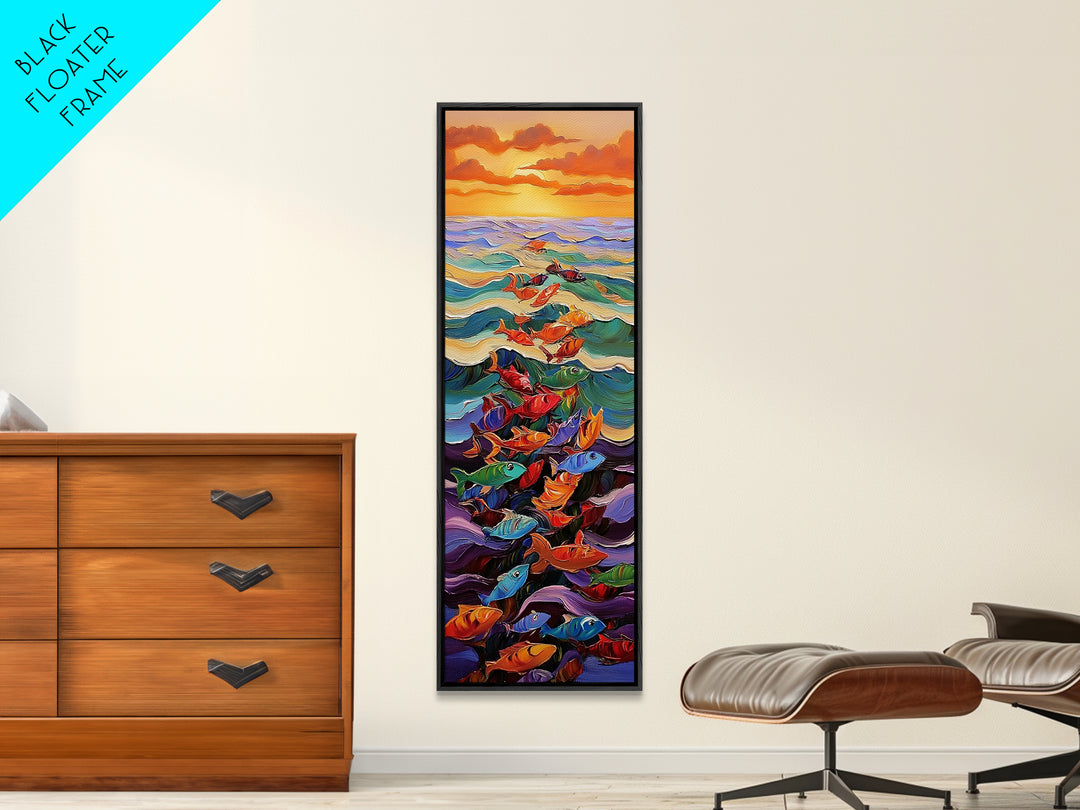 Ocean Journey, Colorful Fish, Sunrise Waves, Framed Canvas Print, vibrant coastal fish painting, kids room or nautical beach house art