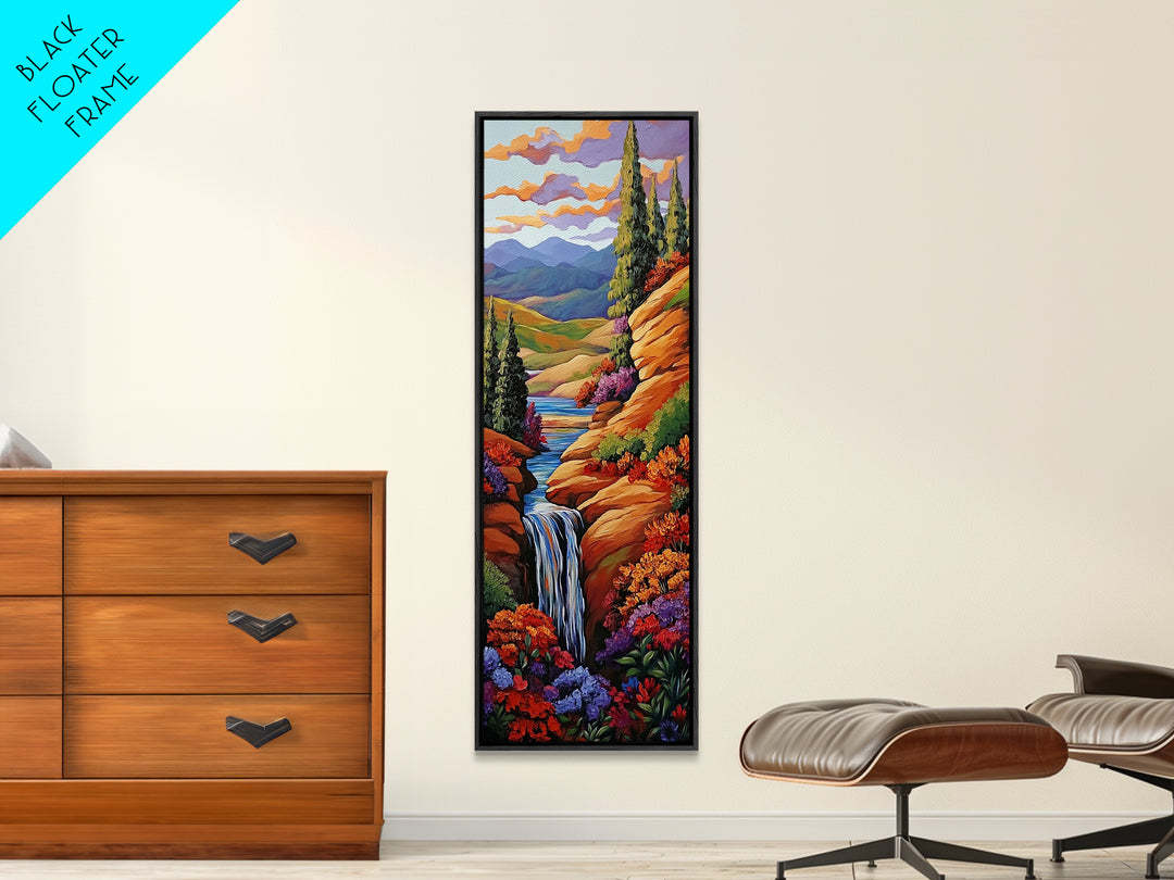 Autumn Waterfall, Flowers, Pathway, Framed Canvas Print, fall waterfall art, floral canyon decor, rustic landscape, living room wall art