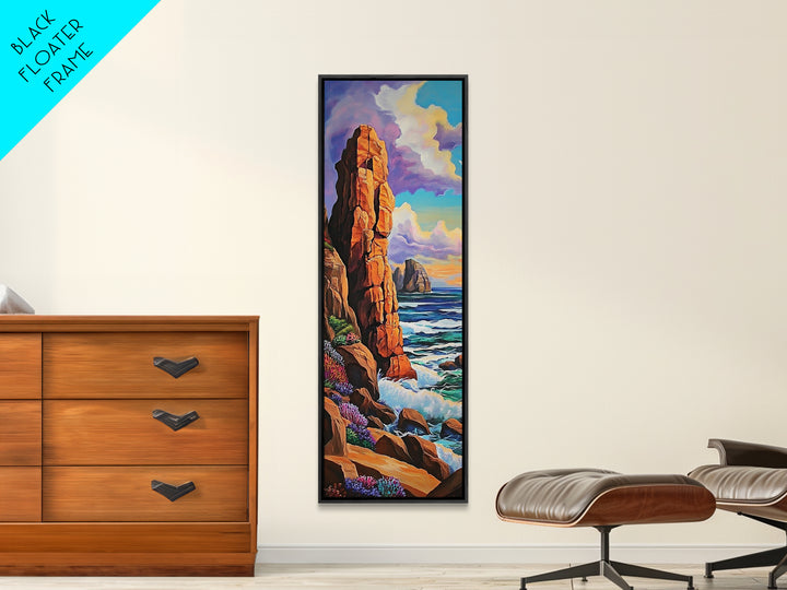 Coastal Cliffs, Ocean, Sunset, Framed Canvas Print, Bold coastal cliffs wall art, dramatic seascape beach decor, contemporary ocean painting