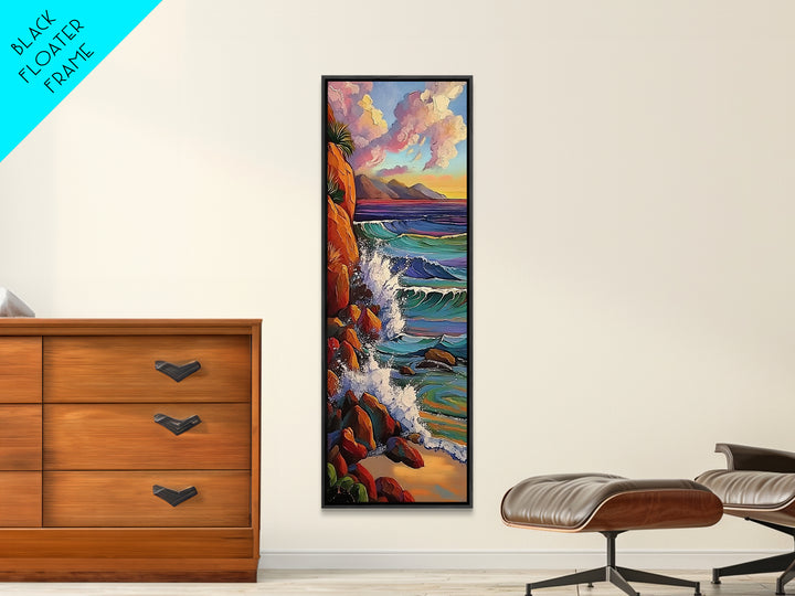 Ocean Cliffs, Sunset, Trees, Framed Canvas Print, Ocean cliffs wall art, glowing sunset scene, romantic coastal decor, entryway accent