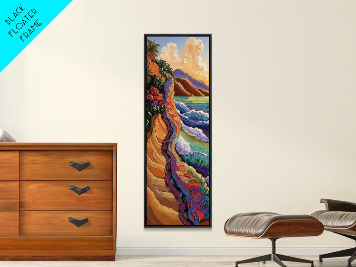 Cliffside Ocean, Rainbow, Waves – Canvas Print bold beach artwork, coastal living room art, tropical ocean scene, textured vibrant painting