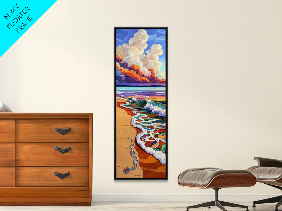 Beach Wave, Necklace, Shore — Canvas Print of whimsical wave reaching jewelry on sand, perfect Boho Bathroom Wall Art or Beach Lover's Gift Decor