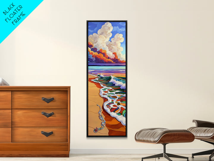 Beach Wave, Necklace, Shore — Canvas Print of whimsical wave reaching jewelry on sand, perfect Boho Bathroom Wall Art or Beach Lover's Gift Decor