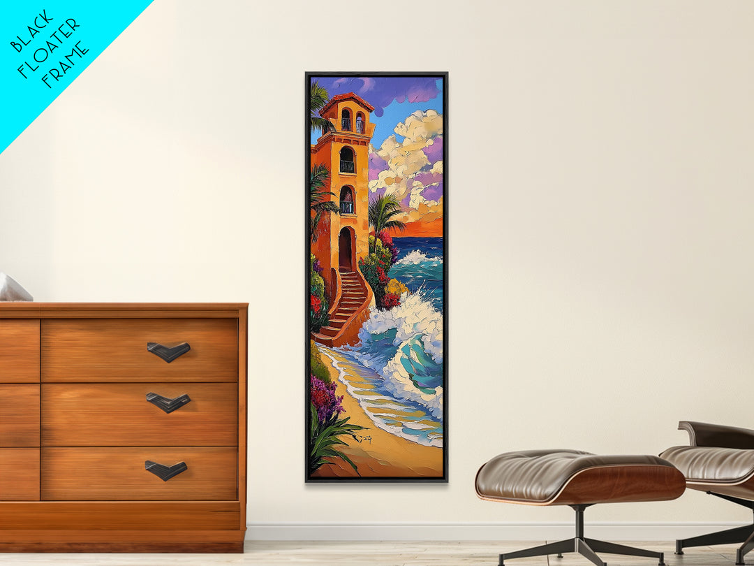 Coastal Villa, Sunset, Ocean Waves Framed Canvas Print, Mediterranean Style Wall Art, Colorful Beach Home Decor, Seaside Painting