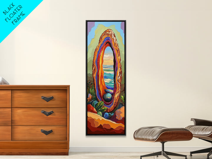 Ocean Portal, Geode Shell, Dreamy, Surreal Beach Art, Framed Canvas Print, Boho Bedroom Decor, Psychedelic Coastal Wall Art