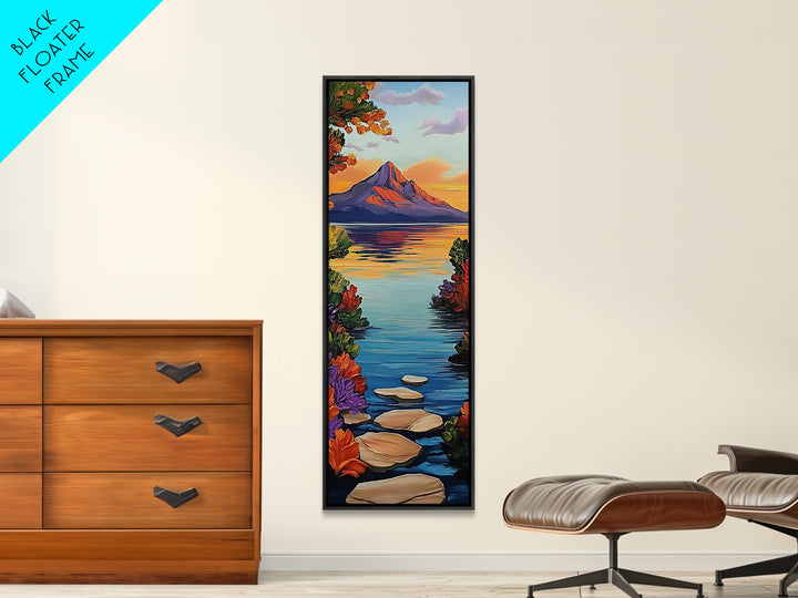 Pathway Lake, Mountains, Framed Canvas Print, Tranquil mountain lake trail painting with floral path, cabin wall art, rustic living room decor