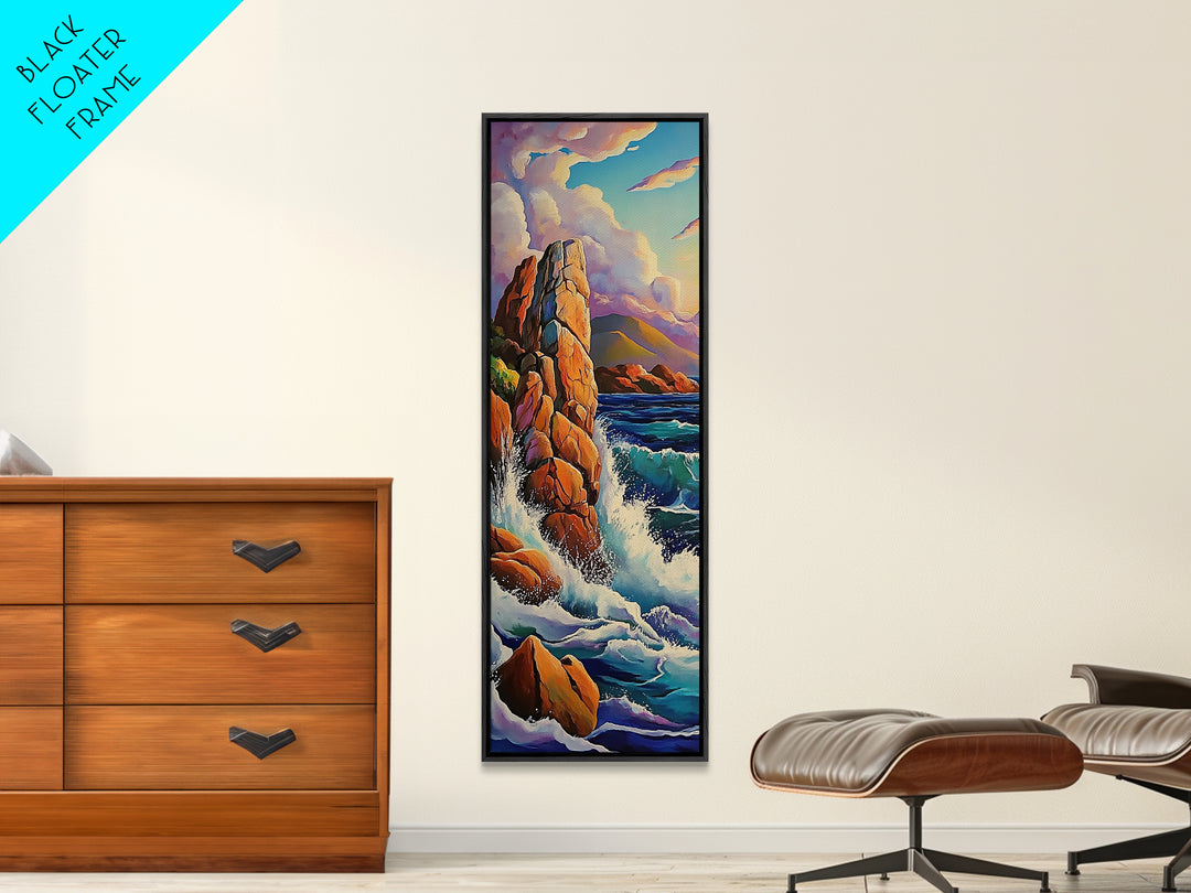 Ocean Rocks, Cliffs, Framed Canvas Print, Dramatic rocky shoreline painting with crashing waves, coastal landscape art, living room decor