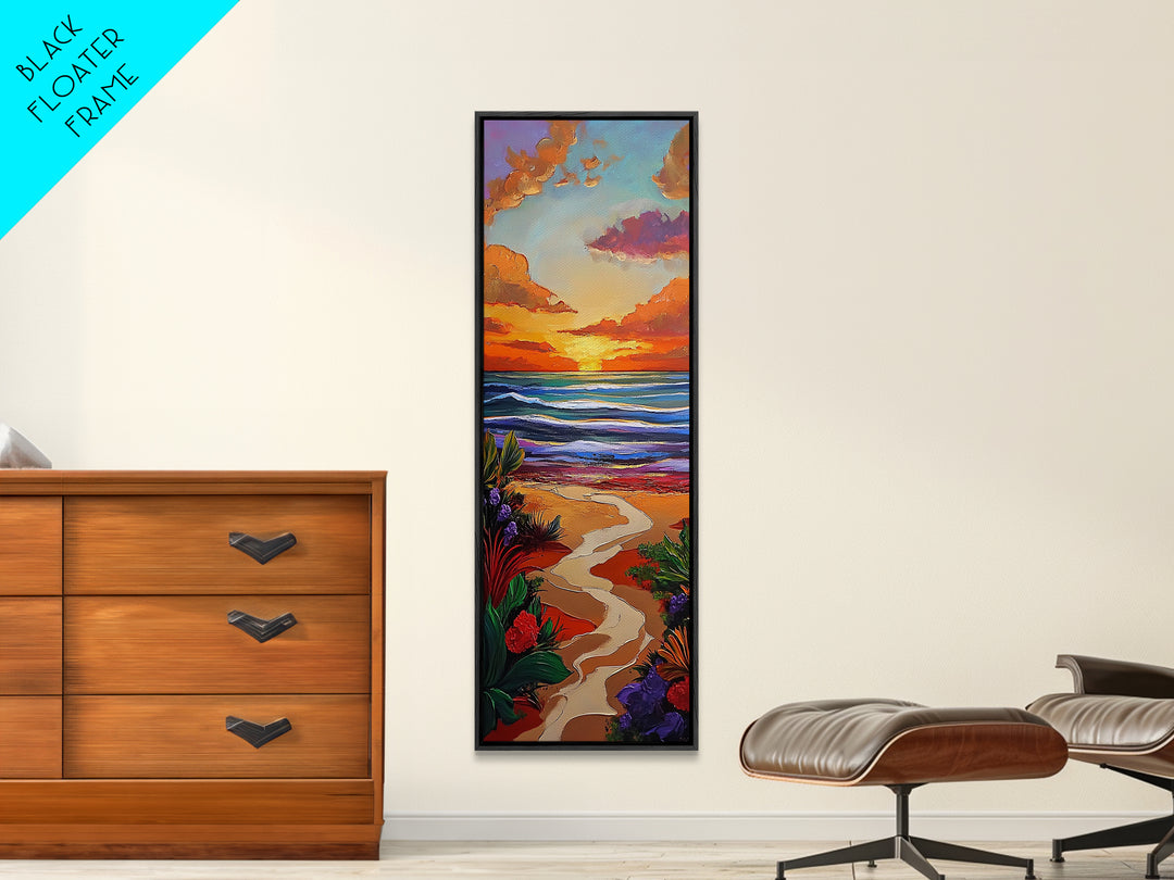 Path Beach, Sunset, Tropical Canvas Print scenic path to ocean wall decor, vibrant beach sunset artwork, tropical boho art, entryway art